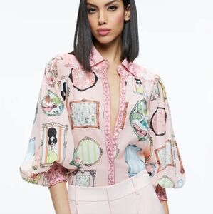Alice + Olivia Pink Puff Sleeve Blouse with Peter Pan Collar